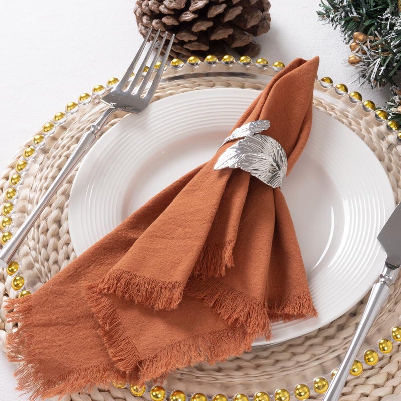 DeZerlor 12 Pack Terracotta Fall Cloth Napkins Set of 12 Thanksgiving Burnt Orange Cotton Linen Napkins with Fringe Rust Boho Handmade Dinner Table Napkins Bulk for Wedding Baby Shower, 17 x 17 Inches - Image 3